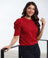 Sleeve Detailed Round Neck Maroon Top